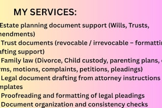 draft estate planning documents, trusts, wills, family law documents, legal work