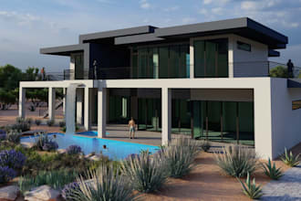 visualize 3d exterior design,aerial view rendering,pool patio,landscape,sketchup