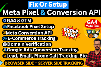 fix or setup meta pixel,google analytics 4,ga4 ecommerce tracking,conversion API