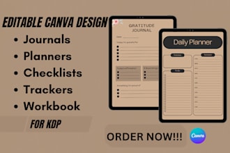 design printable editable canva journals planners checklists trackers for KDP