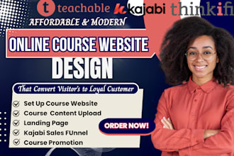 set up teachable, kajabi, thinkific website, course upload, course promotion