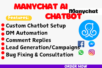 setup manychat social media ai chatbot, website chatbot, make zapier automation