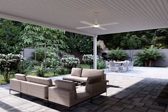 do 3d front yard exterior design, garden, hot tub, fireplace, swimming pool