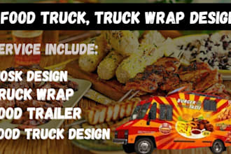 do food truck design, kiosk, truck wrap, food trailer, mobile kitchen graphics