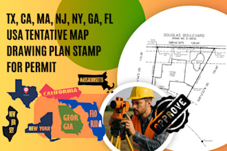 tx, ca, ma, nj, ny, ga, fl usa tentative map drawing plan stamp for permit
