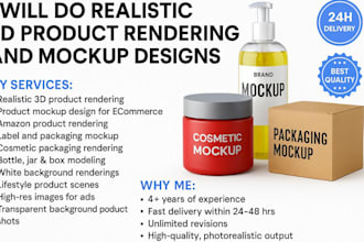 do realistic 3d product rendering and mockup designs