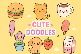 draw cute kawaii doodles, stickers illustrations