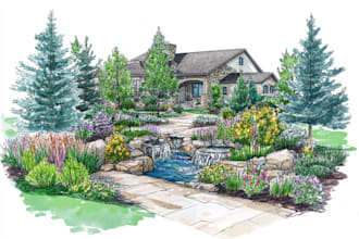 design landscape, pool, garden, terrace, front, back yard, hardscape render