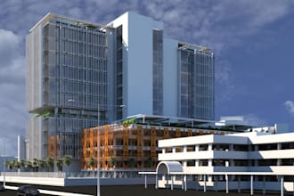 redesign high office building,3d landscape,town, cityspace, golf simulator space