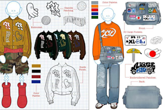 design flat sketch fashion illustration tech pack for clothing pants and hoodie