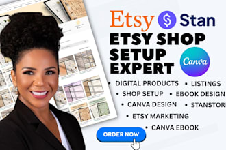 etsy shop set up, etsy digital products design, stan store, etsy print on demand