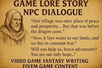 write game lore story npc dialogue video game fantasy writing fivem game content