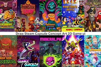 draw steam capsule,concept art,character design,dev logo,banner page,2d game  ui