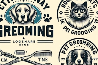 design vintage dog cat pet grooming logo