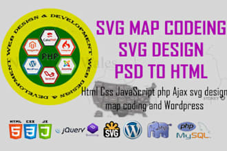 design and code svg, HTML, CSS, javascript, PHP maps, and wordpress