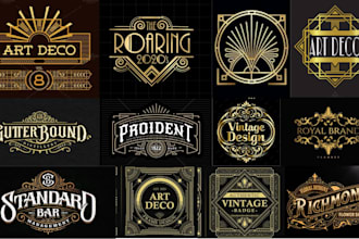 do 3d 80s, luxury line art gatsby deco, funky font typography logo retro vintage