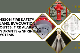 design fire safety plan, evacuation route, fire alarm, hydrant and sprinkler