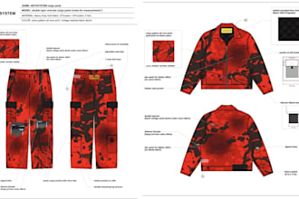 design mockup and tech pack of hats caps t shirt and trouser