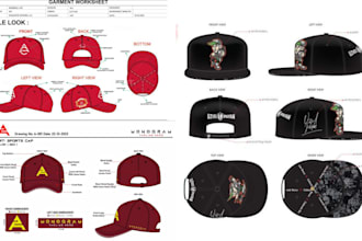 design flat sketch, mock up and tech pack of hat and cap