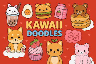 draw cute kawaii doodles cartoon for stickers, emoticon or for any purpose