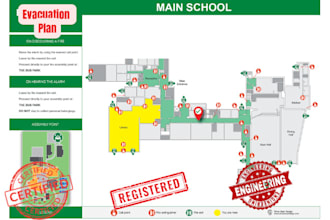 design emergency plan, evacuation route , sprinkler system ,fire alarm , hydrant