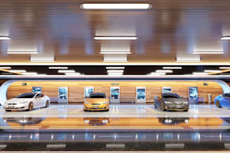 create a stunning 3d carwash, car park, automobile showroom with 3d rendering
