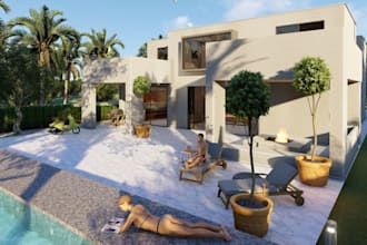redesign house exterior elevation, blender, cgi patio,photorealistic renderings,