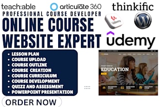 set up online course on thinkific,kajabi,articulate,learndash,udemy video course