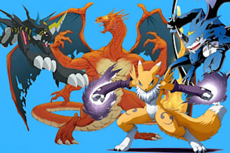 draw kawaii pokemon art, trainer fakemon or digimons fusion tcg character