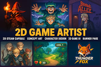 draw steam capsule, concept art,character design,2d game ui,banner page,dev logo