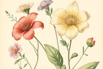 draw botanical illustrations of flowers, plants, line art