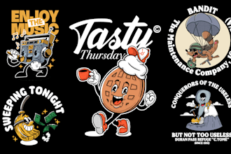 draw retro 30s cartoon style mascot for your logo, t shirt and merch design