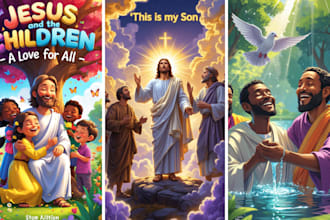 design christian children story book, bible themed, book illustration, kid story