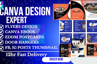 design editable canva ebook, flyers, eddm postcards, door hangers, fb, ig posts