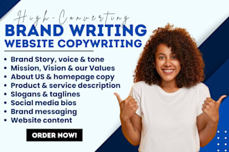 write brand story, mission vision value statement, product, website copy writing