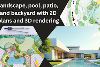industrial, landscape, pool, patio, and backyard with 2d plans and 3d rendering