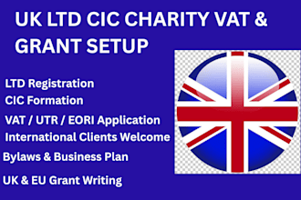 register UK ltd, cic, uk charity, vat, utr, eori, and write UK grants