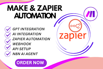 build zapier zap, make com and n8n ai api integration, automation and workflow