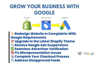 fix gmc suspension, link shopify to google merchant center and design store