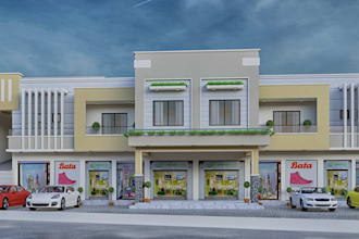 revamp 3d shopping complex, strip mall exterior, grocery store, cgi parking area