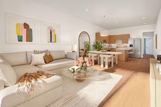 cozy apartment design, realistic rendering, livingroom, bedroom, kitchen, dining
