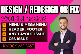 redesign and fix wordpress header, footer, mega menu using elementor pro