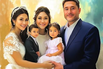draw wedding, family portrait in digital oil painting style