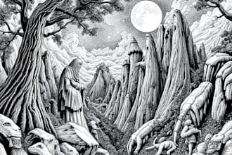 draw fantastic detailed black and white illustrations