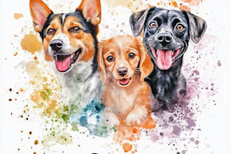 draw aesthetic watercolor pet portrait dog, cat, family, etc