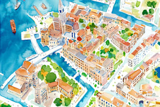 create a detailed watercolor map illustration of your city