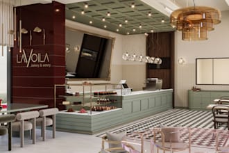 design a stylish and realistic cafe interior with 3d renders