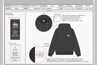 create streetwear and hoodie tech pack with flat sketch and mockup