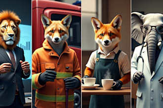 generate ai images of animals in human outfits and funny realistic behaviors