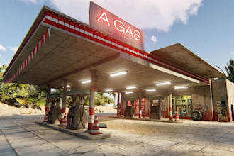 make 3dgas station design,gas station store,car park,fuel delivery app,warehouse